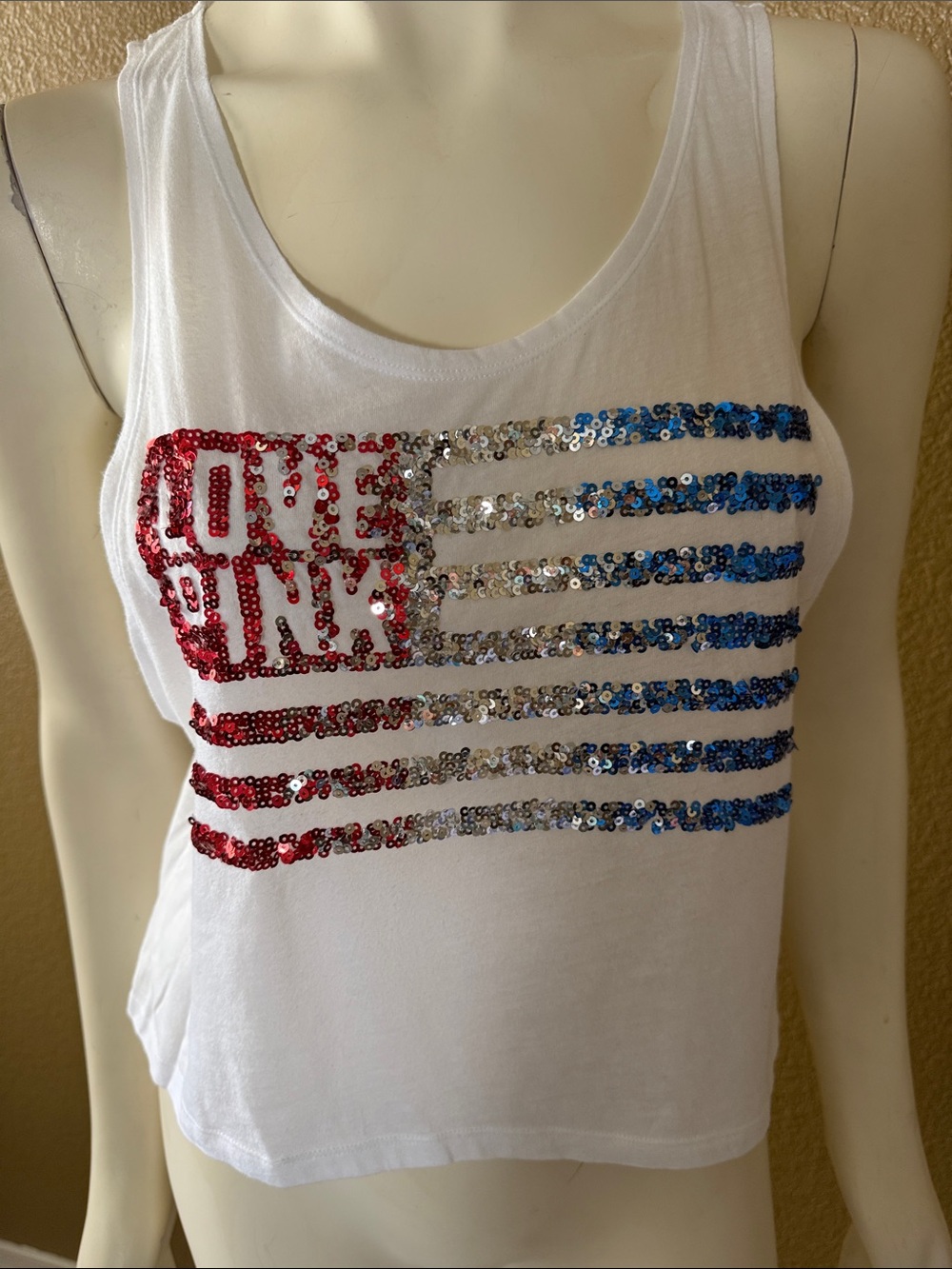 PINK Victoria's Secret White Tank with Red, Silver & Blue Sequin Flag
